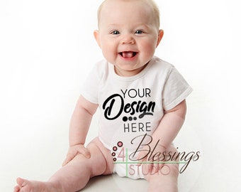 Download Free Blank White Baby Bodysuit Shirt Mockup modeled by baby - Infant Babygrow Mockup - White One piece Mockup - Baby Onepiece - White Background PSD Template
