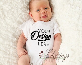 Download Free Blank White Baby Bodysuit Shirt Mockup on Model - Newborn Babygrow Mockup - White Bodysuit Mockup - Baby Onepiece - White Background PSD Template
