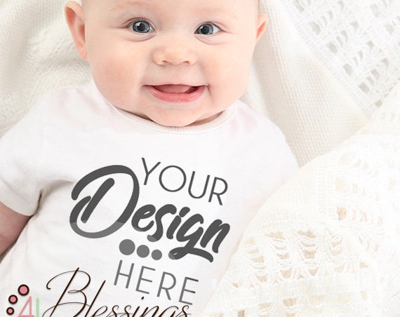 Blank White Baby Bodysuit-Shirt Mockup On Closeup Model