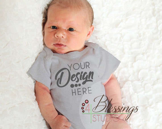 Blank Gray Baby Bodysuit-Shirt Mockup On Model Blank Gray Baby Bodysuit-Shirt Mockup On Model