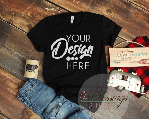 Camping Mockup Black Bella Canvas 3001 T-Shirt Mockup