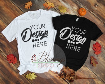 Download Fall Mens Womens Couple Tshirt Bella Canvas 3001 Unisex Shirt Fall Mockup Black And White T Shirt Flat Lay Couples Thanksgiving Free Mock Ups Free Design Resources