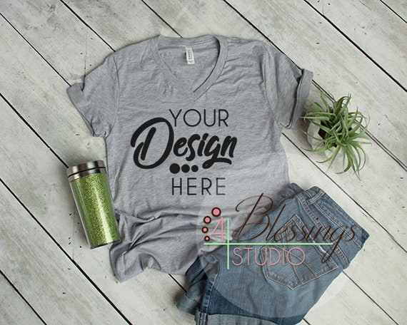 Gray Vneck T-Shirt Bella Canvas Mockup 3005 Vneck Shirt