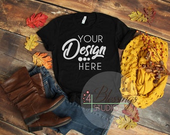 Download Free Fall Flat Lay Mockup Bella Canvas 3001 Black Unisex T-shirt Mock Up Styled Flat Lay Ladies Tee Mockup Vinyl Shirt Mockup Feminine Flat Lay PSD Template