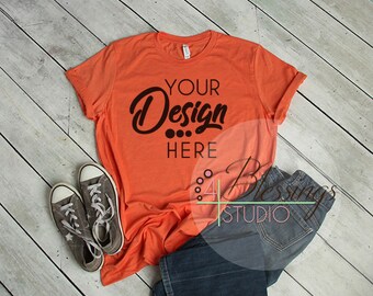 Download Free Heather Orange Bella Canvas Mockup Tshirt Mockup 3001 Unisex Heather Orange Flat Shirt Mock up Styled Shirt Flat Lay Photo Blank Shirt PSD Template
