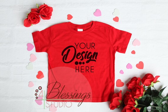 Valentines Kids Shirt Mockup Red Childrens Flat Lay Winter Valentines Kids Shirt Mockup Red Childrens Flat Lay Winter