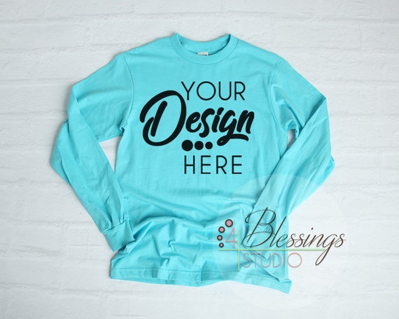 Long Sleeve T-Shirt Mockup Unisex Shirt Lagoon Blue Gildan