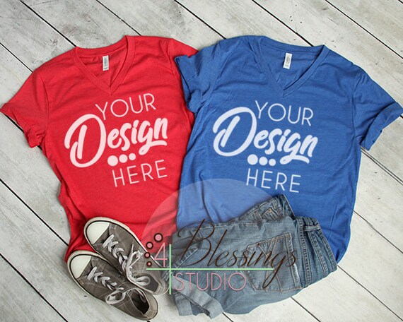 Bella Canvas Mockup T-Shirt Mockup Red Blue Vneck 3005