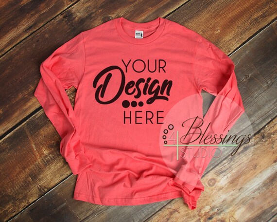 Long Sleeve T-Shirt Mockup Unisex Shirt Coral Silk Gildan