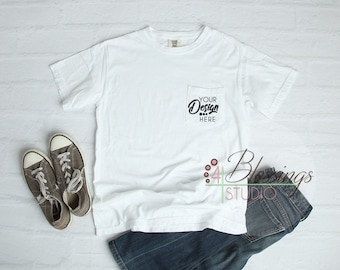 Download Pocket Comfort Colors Tshirt Mockup 6030 Unisex Shirt Mockup White Shirt Flat Shirt Mock Up Styled Tshirt Flat Lay Real Photo Blank Shirt Logo Psd Mockups PSD Mockup Templates
