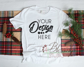 Download Free Christmas White TShirt Bella Canvas Mockup 3001 Unisex Shirt Flat Lay Winter Mockup Style Flat Lay Blank Shirt Photo Christmas Mock up PSD Template