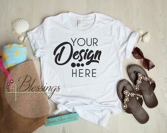 Download Beach Mock Up Flat Lay Bella Canvas Mockup 3001 T Shirt White Shirt Summer Beach Flat Shirt Mockup Shirt Blank Shirt Photo Sea Shells Packaging Mockups Templates PSD Mockup Templates