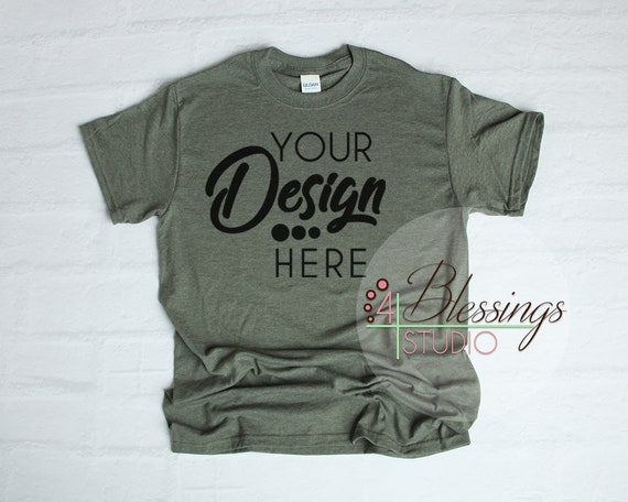 Heather Military Green Shirt Gildan 5000 Mockup Unisex Shirt Heather Military Green Shirt Gildan 5000 Mockup Unisex Shirt