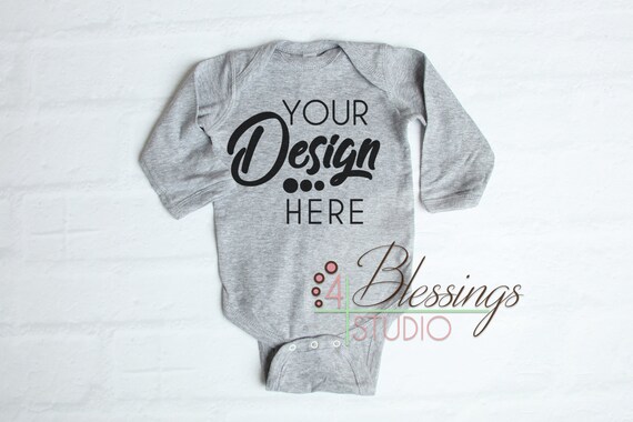Mockup Template Heather Gray Long Sleeve One Piece Bodysuit