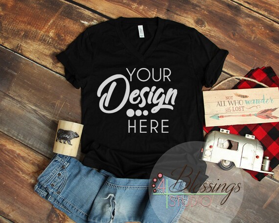 Camping Mockup Black Bella Canvas 3005 Vneck T-Shirt