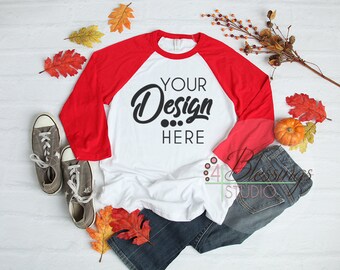 Download Raglan Fall TShirt Mockup Autumn Shirt Flat Lay Winter Mockup White Red Flat Lay Blank Shirt ...