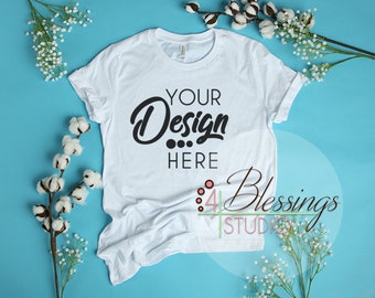 Download Free White TShirt Bella Canvas Mockup 3001 Unisex Shirt White T Shirt Flat Shirt Mockup Shirt Flat Lay Bright Cotton Flowers Top View Shirt Photo PSD Template