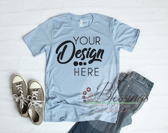 Heather Blue T Shirt Bella Canvas Mockup 3001 Unisex Shirt Green T Shirt Flat Shirt Mockup Shirt Flat Lay Top View Shirt Template Blue T Shirt Mockup Psd File