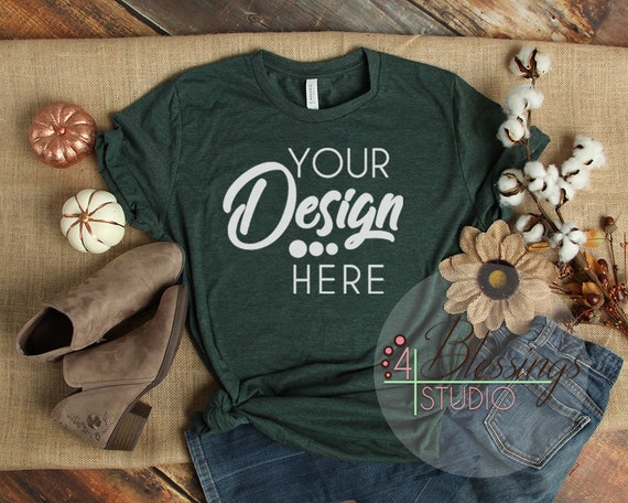 Fall Flat Lay Mockup Bella Canvas 3001 Heather Forest