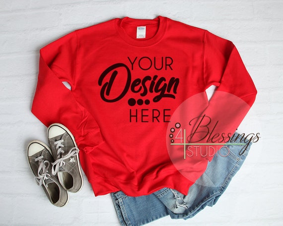 Red SweaT-Shirt Mockup Unisex Gildan 18000 Red Flat Lay