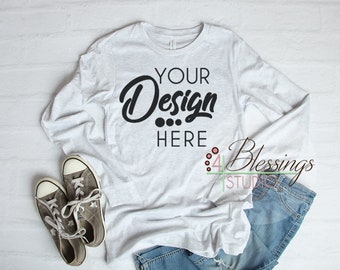Download Free Long Sleeve Tshirt Mockup Ash Bella Canvas 3501 Unisex Long Sleeve Flay Lay T Shirt 3501 Shirt Template Flat Lay Long Sleeve Mockup Snapchat Mockup Template Psd PSD Mockup Template