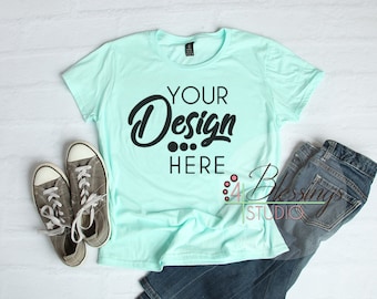 Anvil Tshirt Mockup 880 Women S Shirt Mockup Teal Ice Shirt Flat Shirt Mock Up Styled Tshirt Flat Lay Real Photo Blank Template Picture Psd Mockups Templates Tshirt Mockups