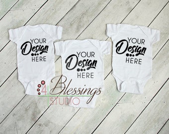 Download Free Three Blank White Baby Bodysuits Shirt Mockup - Triplet Baby Shirt Photo - Blank Bodysuit Mockup - Baby Flat Lay - Rustic - Stock Photo PSD Template