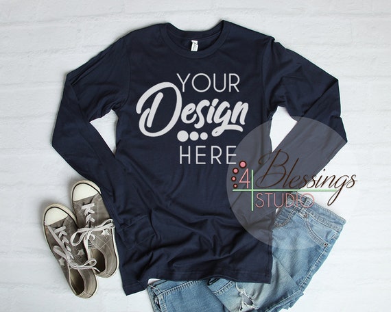 Download Free Long Sleeve T-Shirt Mockup Navy Bella Canvas 3501 ...