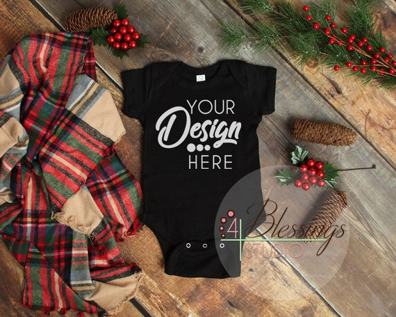 Christmas Mockup Black One Piece Bodysuit Winter Flat Lay