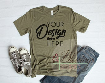 Download Free Heather Olive T Shirt Bella Canvas Mockup 3001 Unisex Shirt Olive PSD Mockup Template