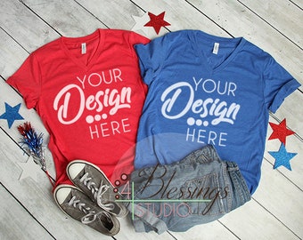 Download Free Bella Canvas Mockup Tshirt Mockup Red Blue V-Neck 3005 Unisex Navy Flat Shirt Mock up Styled TShirt Flat Lay Real Photo Patriotic July 4th PSD Template