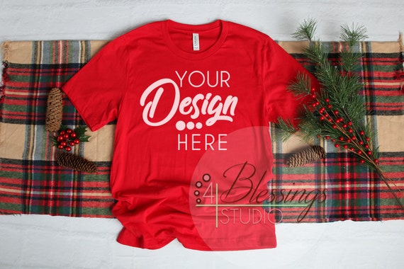Download Red Christmas T-Shirt Bella Canvas Mockup 3001 Shirt Flat ...