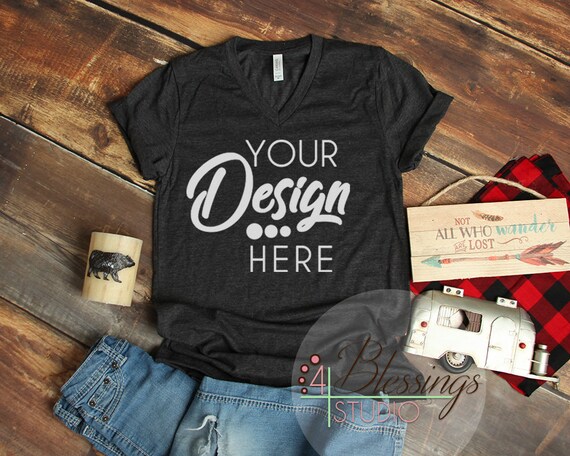 Camping Mockup Heather Dark Gray Bella Canvas 3005 Vneck