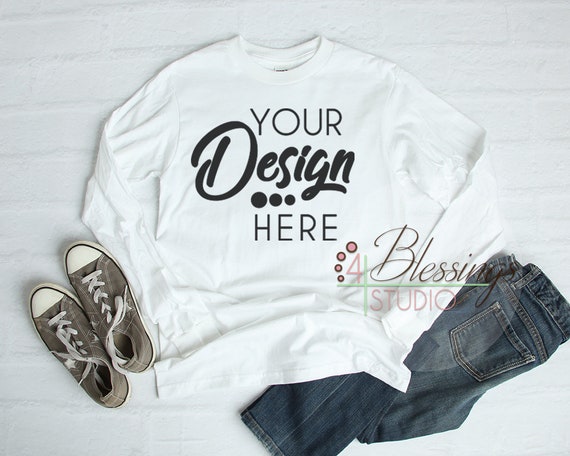 Long Sleeve T-Shirt Mockup Unisex Shirt White Gildan Hammer