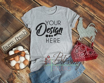 Download Free Heather Gray TShirt Country Farm Flat Lay Bella Canvas Mockup 3001 Unisex Shirt Chicken Eggs Flat Shirt Mockup Farm Shirt Rustic wood Photo PSD Template