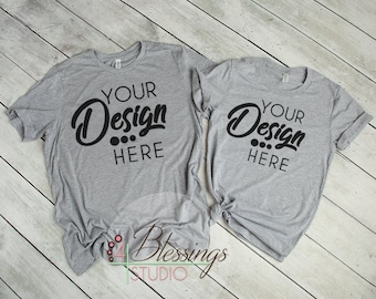 Download Mens Womens Couple TShirt Bella Canvas 3001 Unisex Shirt Mockup Heather Athletic Gray T Shirt ...
