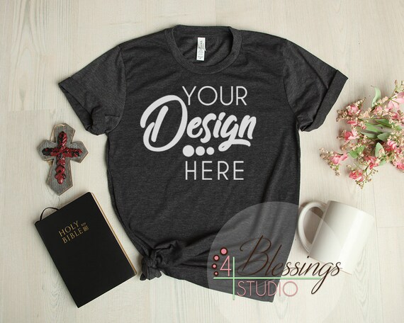 Download Free Heather Dark Gray T Shirt Christian Faith Flat Lay Bella Psd 30239 Free T Shirt Mockups High Quality For Clothing Brands Print Shops PSD Mockup Templates