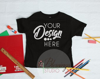 Download Free School Kids Shirt Mockup Black Childrens Flat Lay Back To School PSD Mockup Template