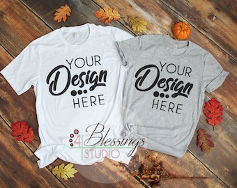 Download Free Fall Mens Womens Couple TShirt Bella Canvas 3001 Unisex Shirt Fall Mockup Athletic Heather Gray and White T Shirt Flat Lay Couples SVG Shirt PSD Template