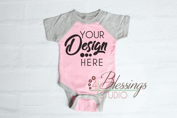 Raglan Bodysuit Mockup Blank Pink And Vintage Heather Baby