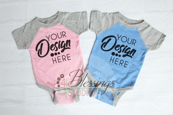 Raglan Bodysuit Twin Baby Mockup Rabbit Skins 4430 Pink