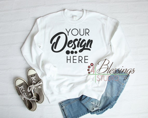 White SweaT-Shirt Mockup Unisex Gildan 18000 White Flat Lay White SweaT-Shirt Mockup Unisex Gildan 18000 White Flat Lay