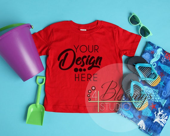Download Free Kids Beach Blank Red T-Shirt Mockup Rabbit Skins (PSD ...