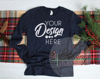 Download Free Christmas Long Sleeve Tshirt Mockup Navy Bella Canvas 3501 Unisex PSD Mockup Template