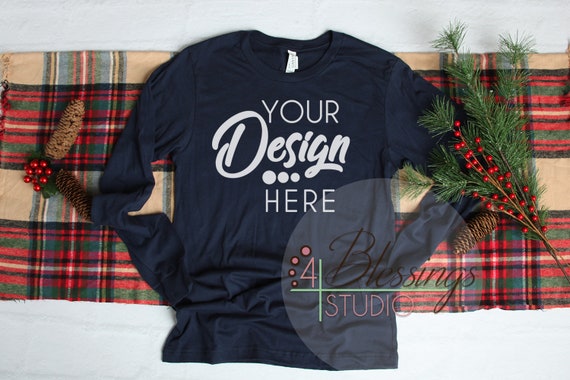 Download Free Christmas Long Sleeve T-Shirt Mockup Navy Bella ...