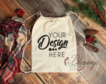 Drawstring Bag Mockup Christmas Cinch Backpack Template Mockup Natural Tote Mock Up Blank Tote Bag Photo Mockup Flat Lay Stock Photo New Design Packaging Mockups