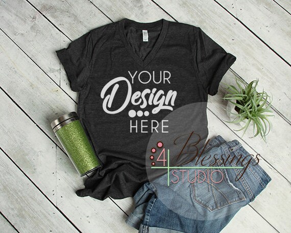 Download Dark Gray Vneck T Shirt Bella Canvas Mockup 3005 Vneck Download Free Amazing Mockups PSD Mockup Templates