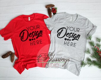 Bella Canvas Mockup Tshirt Mockup Christmas Red Heather Gray 3001 Unisex Navy Flat Shirt Mock up Styled TShirt Flat Lay Real Photo