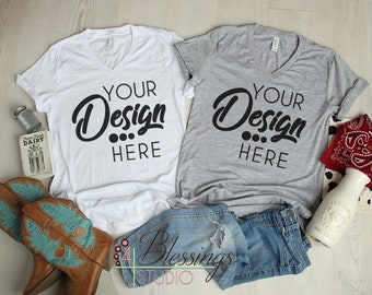 Download Free Athletic Heather Gray and White Country Farm Flat Lay Bella Canvas Mockup 3005 Shirt Dairy Cow V-Neck Mockup Farm Shirt T-Shirt Photo PSD Template