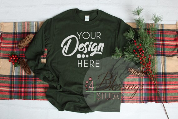 Christmas Forest Green Long Sleeve T-Shirt Mockup Unisex Shirt